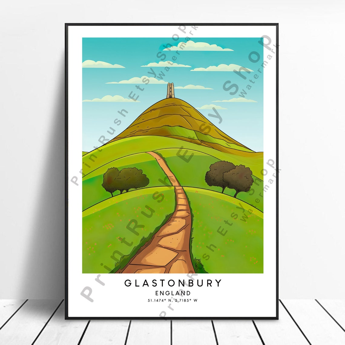 Glastonbury England Tor Green Hills Winding Path Travel Poster