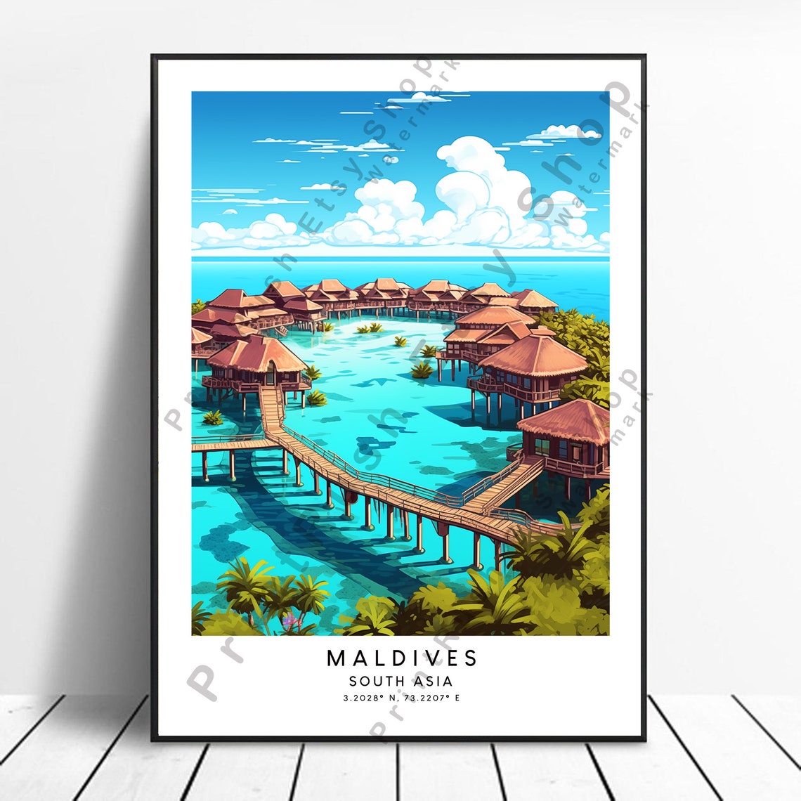 Maldives South Asia Overwater Bungalow Turquoise Sea Travel Poster