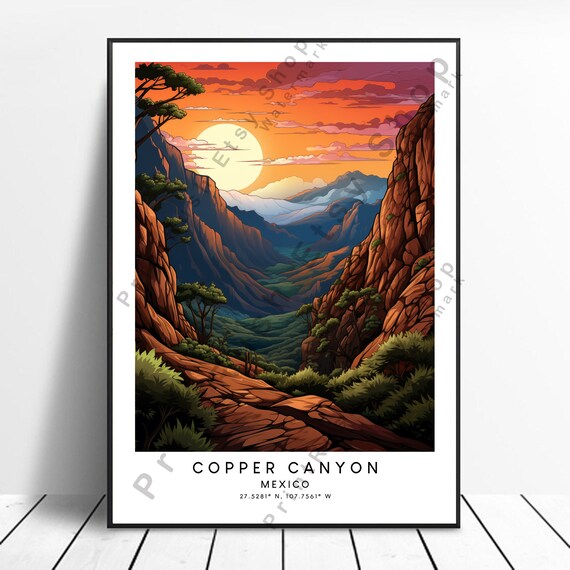 Copper Canyon Mexico Sunset Travel Poster Dramatic Cliffs Vintage Decor