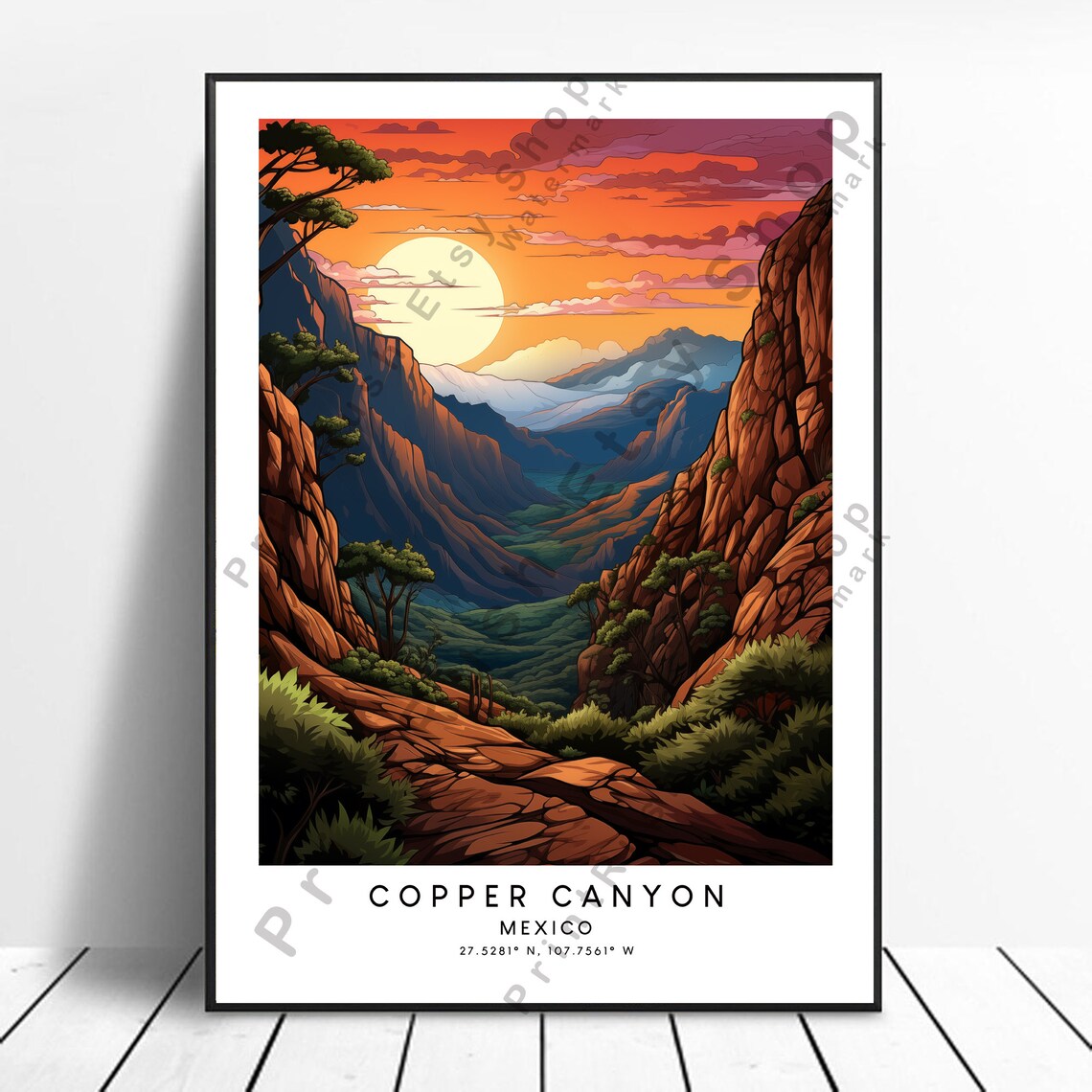 Copper Canyon Mexico Sunset Travel Poster Dramatic Cliffs Vintage Decor