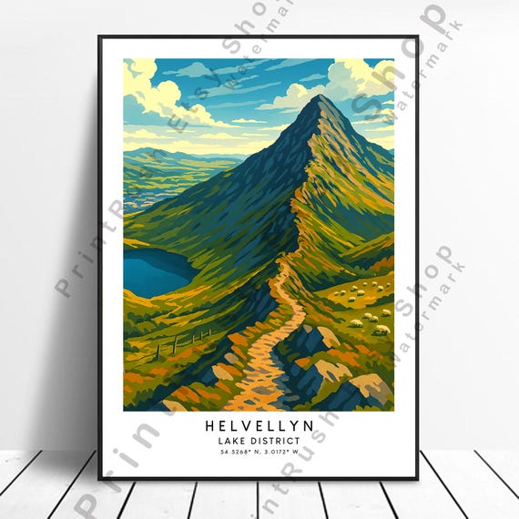 Lake District Print Wall Art Helvellyn Mountain Poster Illustration Dcor Colourful Artwork Summit Gift