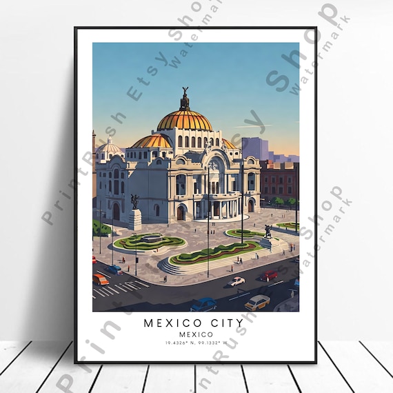 Mexico City Bellas Artes Palace Golden Dome Sunset Travel Poster