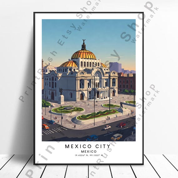Mexico City Illustration Art Print Travel Poster Wall Home Decor Architecture Landmark Gift