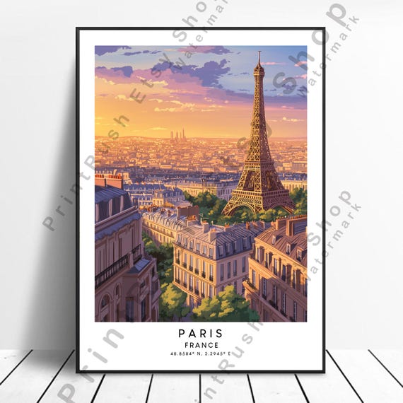 Paris Illustration Art Print Sunset City View Poster Wall Artwork Dcor Architecture
