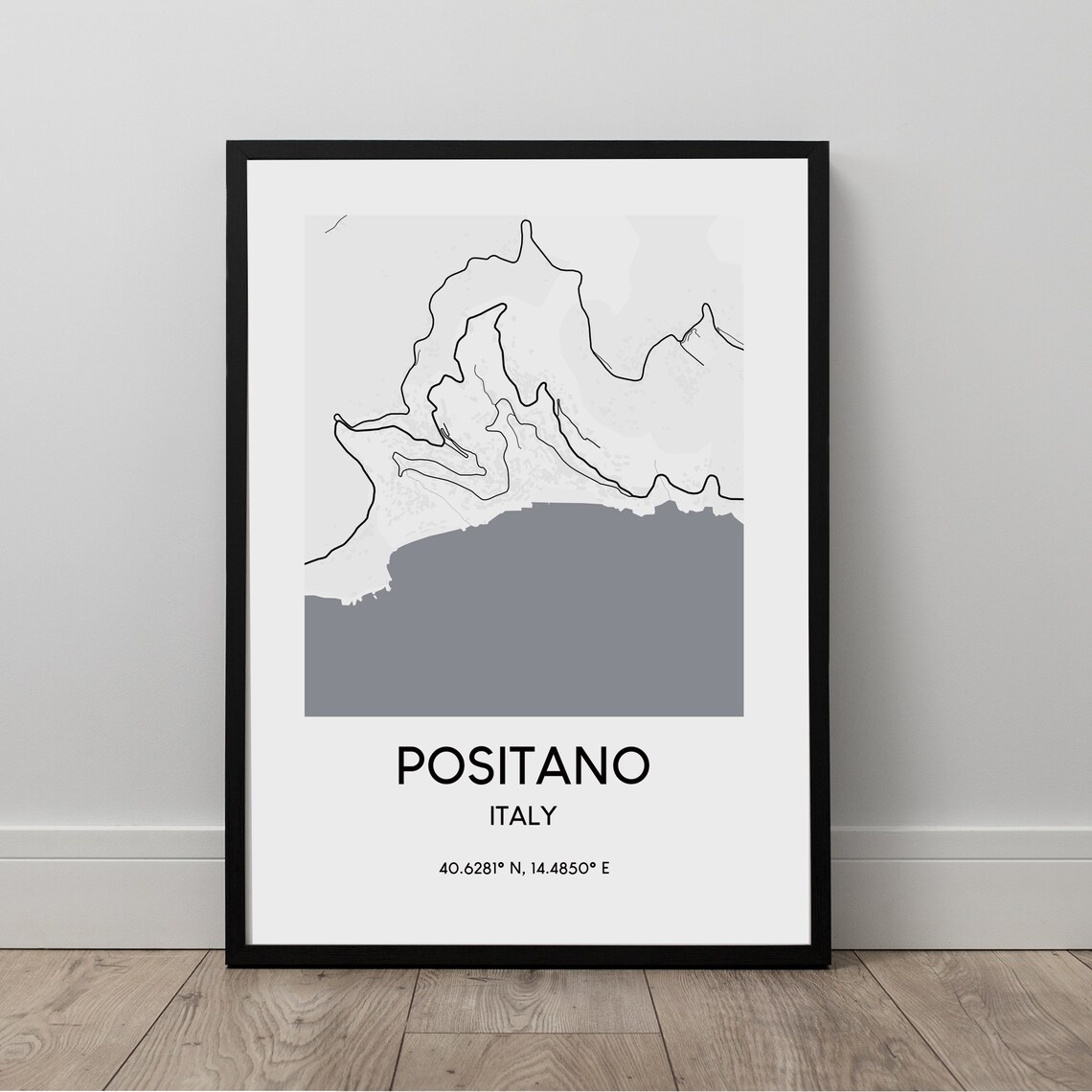 Positano Map Print Black And White Village Poster Italy Travel Coordinates Minimalist Wall Art Dcor Gift