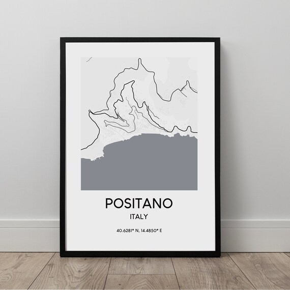 Positano Map Print Black And White Village Poster Italy Travel Coordinates Minimalist Wall Art Dcor Gift