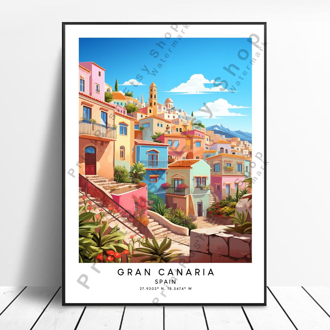 Gran Canaria Spain Colorful Hillside Village Canary Travel Poster