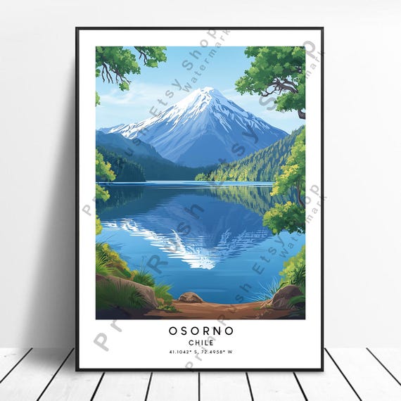Chile Travel Print Colourful Osorno Volcano Poster Wall Art Home Dcor Illustration Gift