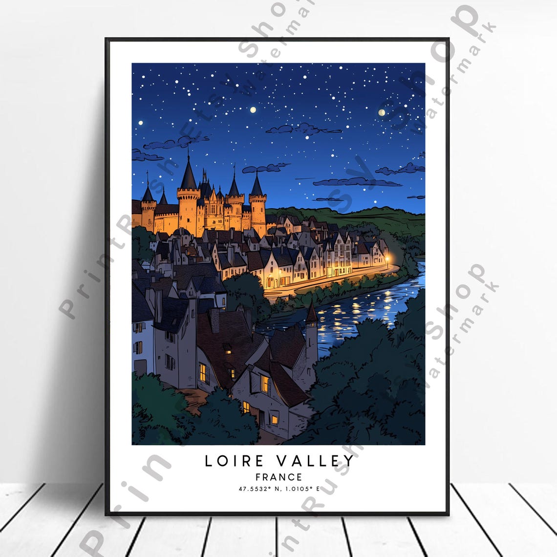 Loire Valley France Chateau Under Starry Night Sky Travel Poster