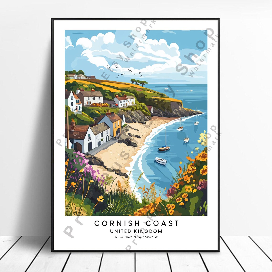 Cornish Coast United Kingdom Seaside Village Colorful Travel Poster