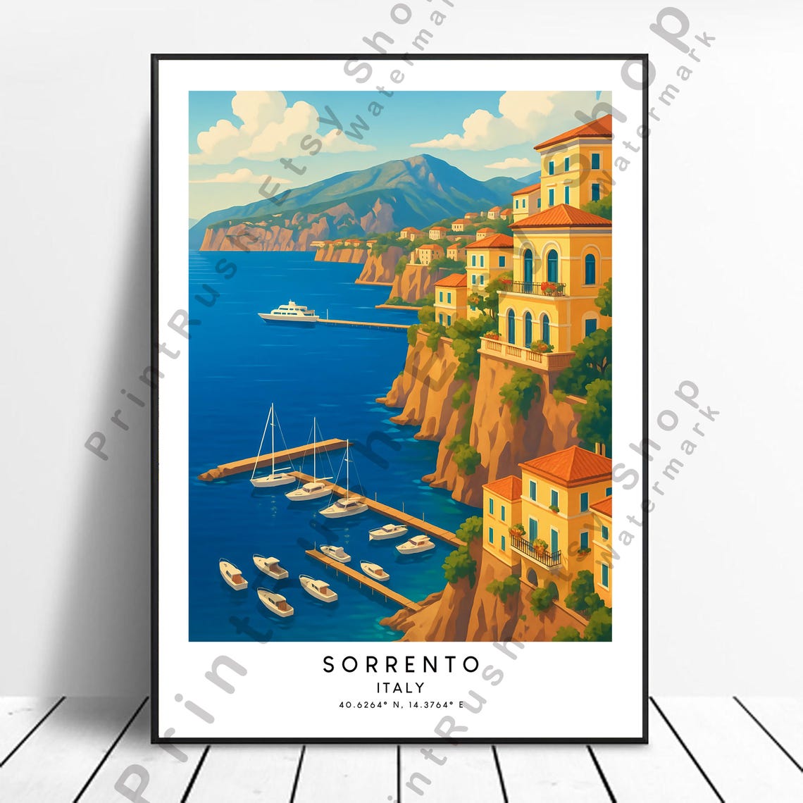 Sorrento Italy Cliffside Harbor Sailboats Colorful Travel Art Poster