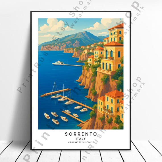 Sorrento Illustration Art Print Italy Wall Decor Colourful Poster Home Travel