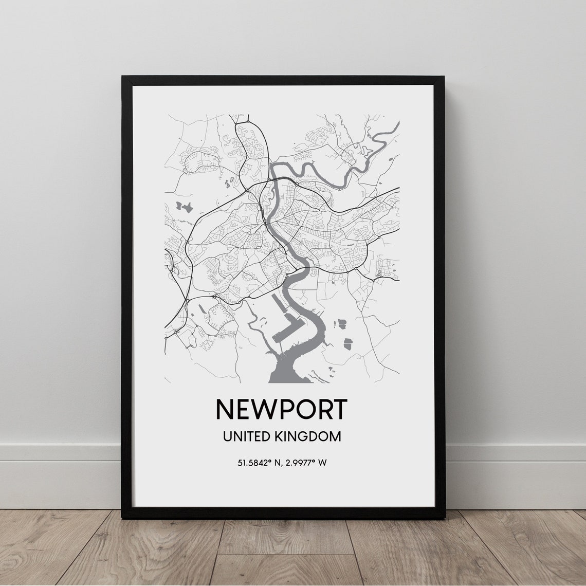 Newport Wales Minimalist Black And White River City Map Poster