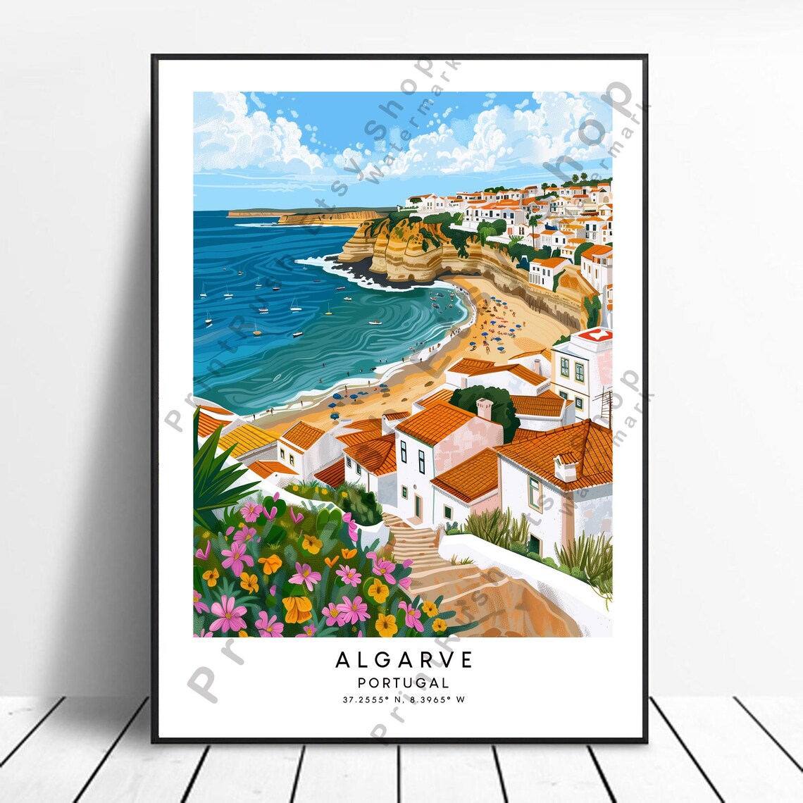 Algarve Portugal Coastal Cliffs Beach Town Colorful Travel Poster