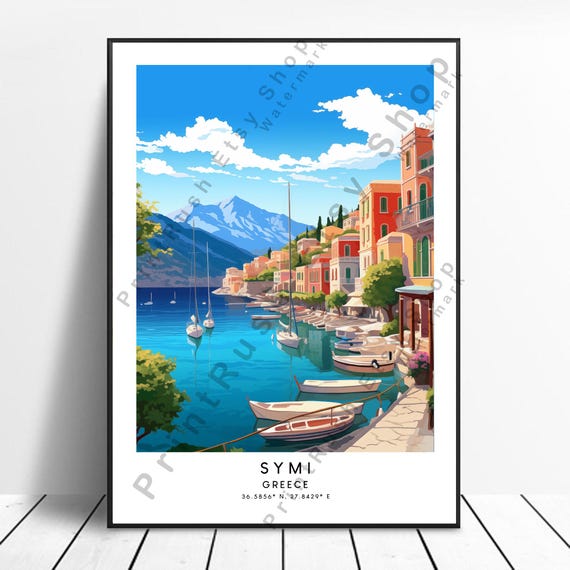 Symi Island Travel Print Colourful Wall Poster Minimalist Greece Art Home Decor Gift