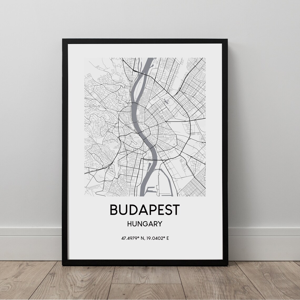 Budapest Map Print, Black and White Minimalist