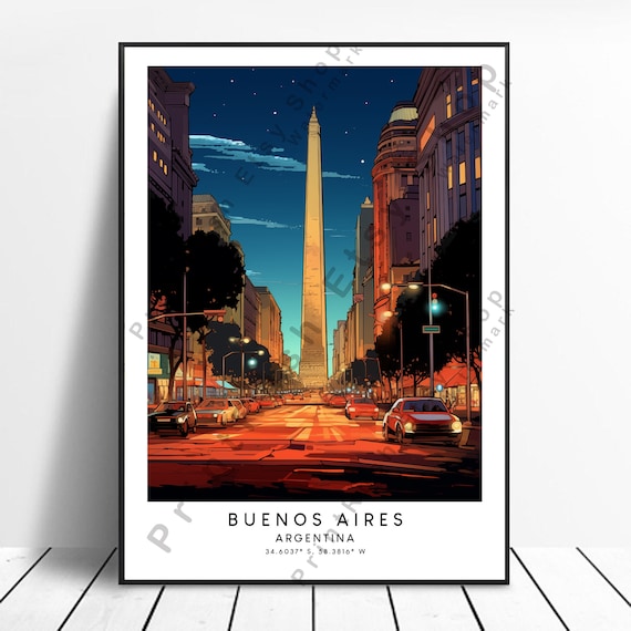 Buenos Aires Argentina Night City Obelisk Avenue Travel Poster