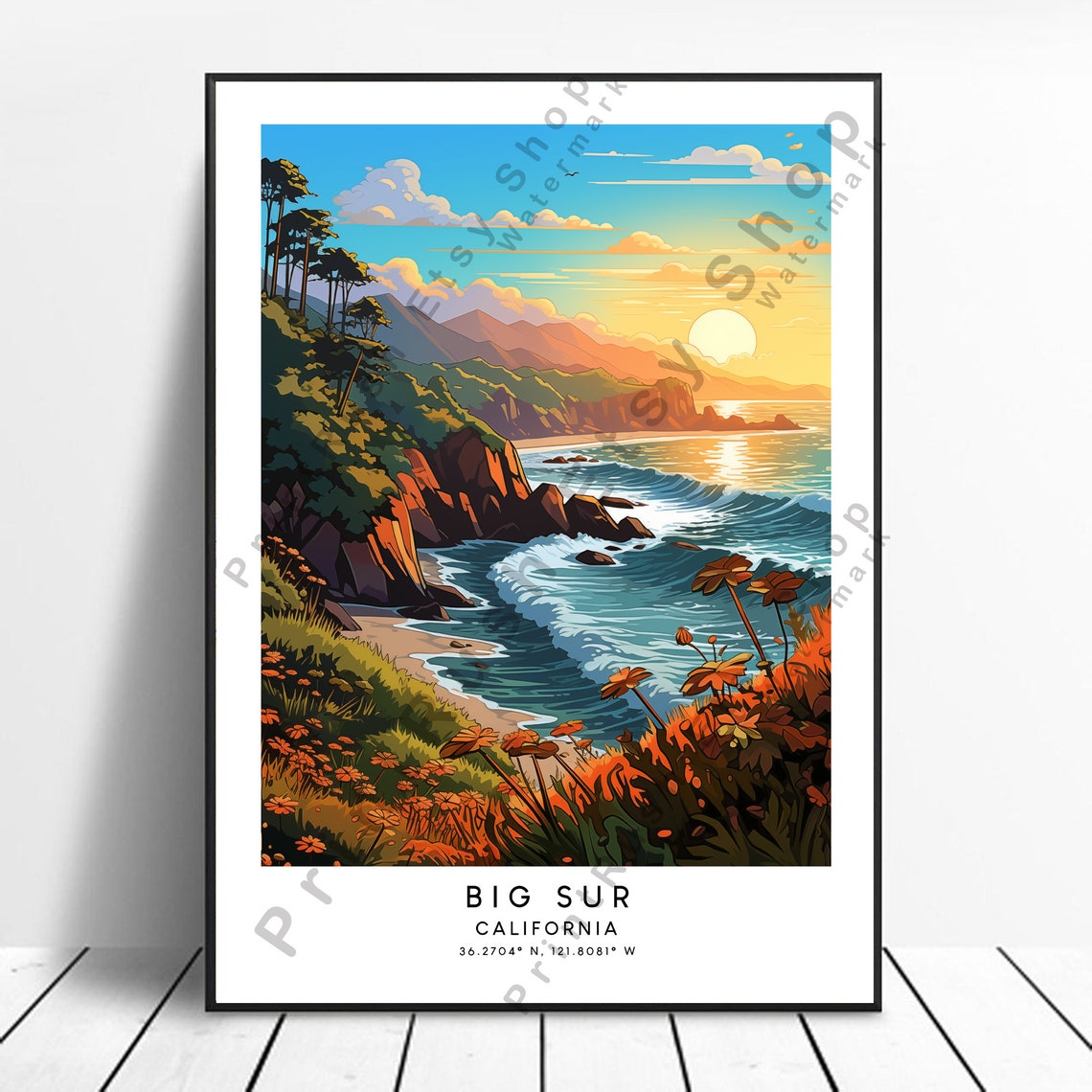 Big Sur California Golden Sunset Coastal Cliffs Ocean Poster