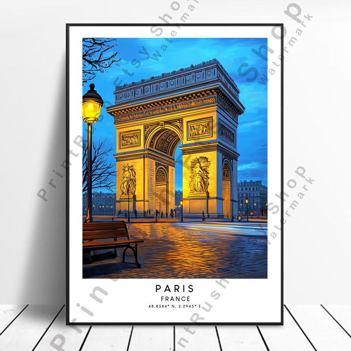 Paris France Arc De Triomphe At Dusk Evening Skyline Travel Poster