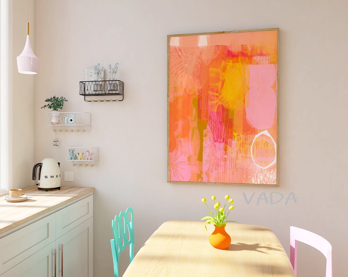 Abstract Art Print, Pink Yellow Orange Modern Decor