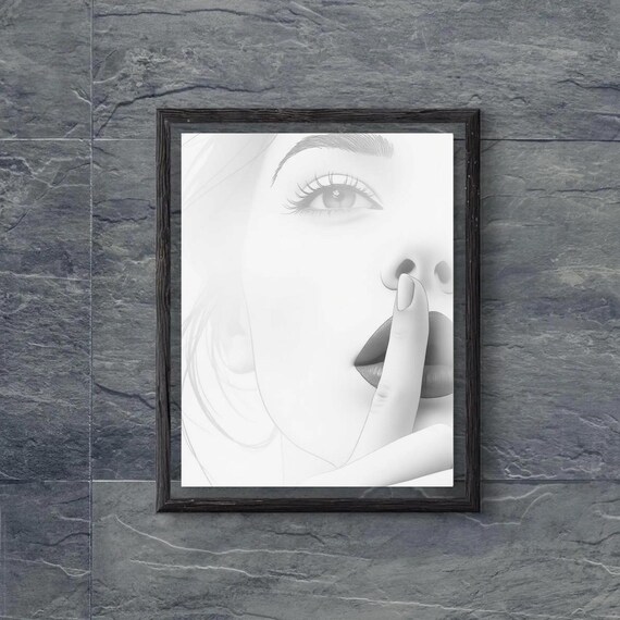 Black White Pop Art Woman Finger Over Lips Silence Minimal Modern Print