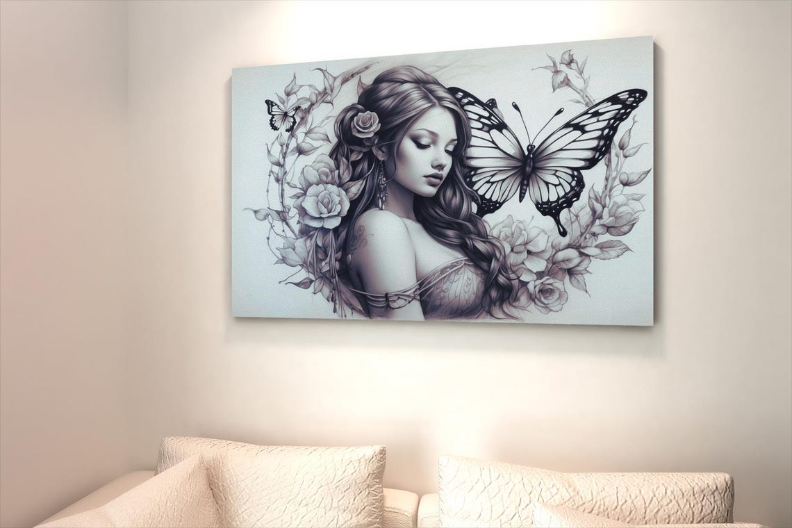 Butterfly Woman With Roses Sketch Black And White Fantasy Poster - Image 3