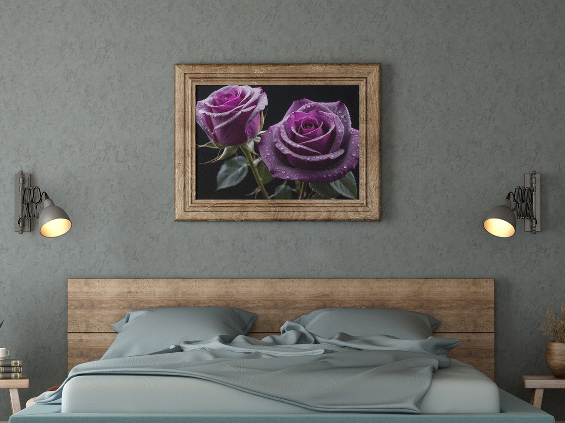 Two Purple Roses With Dewdrops On Black Dramatic Floral Poster - Image 3