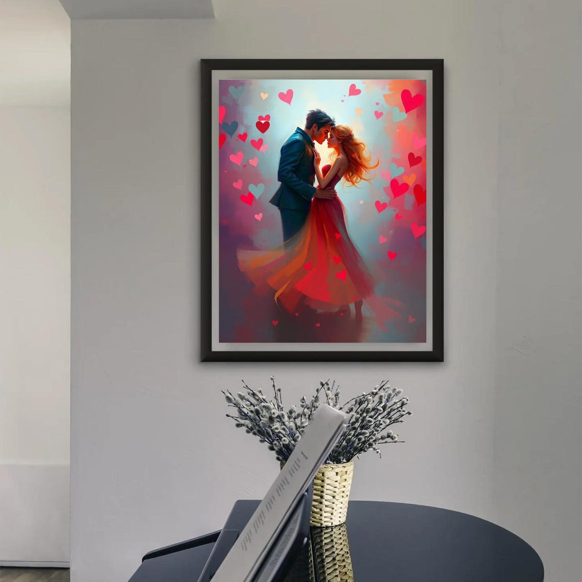 Romantic Dancing Couple In Red Dress Surrounded By Hearts Poster - Image 3