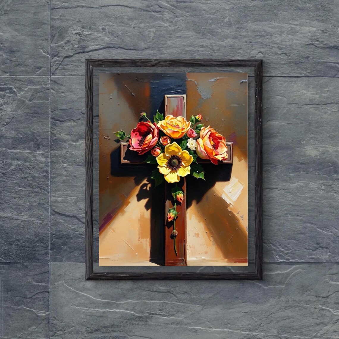 Wooden Cross With Red And Yellow Roses Warm Light Faith Wall Poster