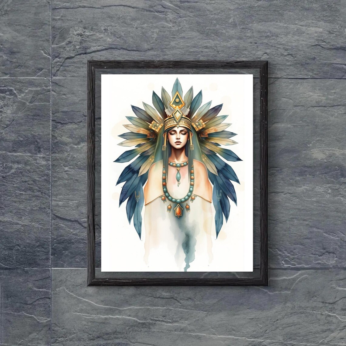 Aztec Queen Watercolor Feather Headdress Turquoise Jewelry Regal Poster