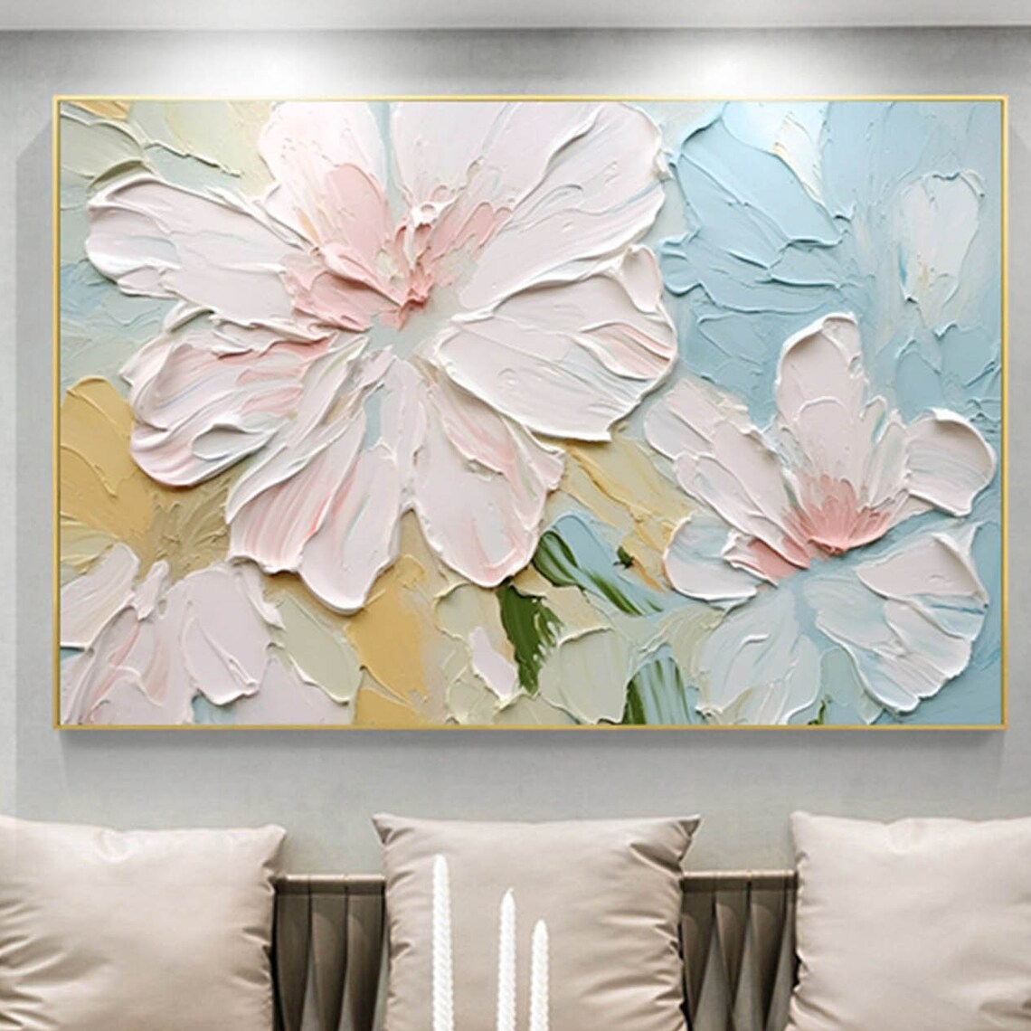Giant Blush Peony Blossoms Blue Gold Panoramic Floral Wall Art