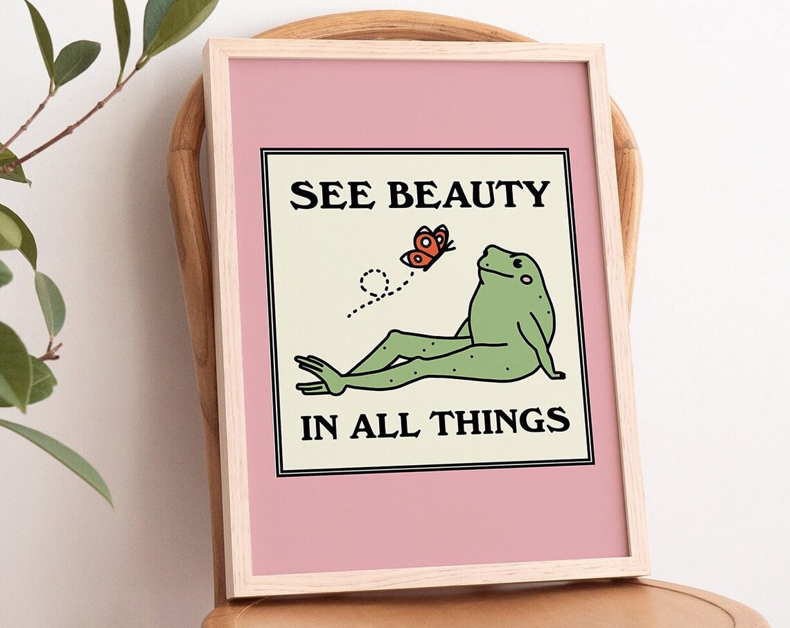 See Beauty In All Things Frog Butterfly Pink Retro Wall Poster