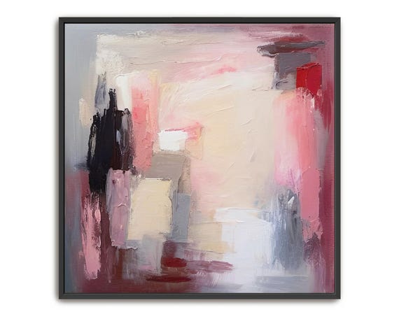 Hand Painted Abstract Acrylic Painting Large Artwork Modern Wall Art Pink Beige Gray Textured Framed Wall Decor Abstract Realms