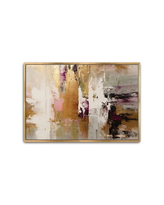 Hand Painted Abstract Acrylic Painting Large Artwork Wall Art Gold White Beige Tan Brown Pink Magenta Luxurious Textured Framed Decor
