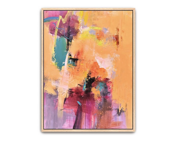 Hand Painted Abstract Art Acrylic Painting Large Wall Artwork Colorful Orange Pink Purple Green Yellow Light Neutral Framed Decor