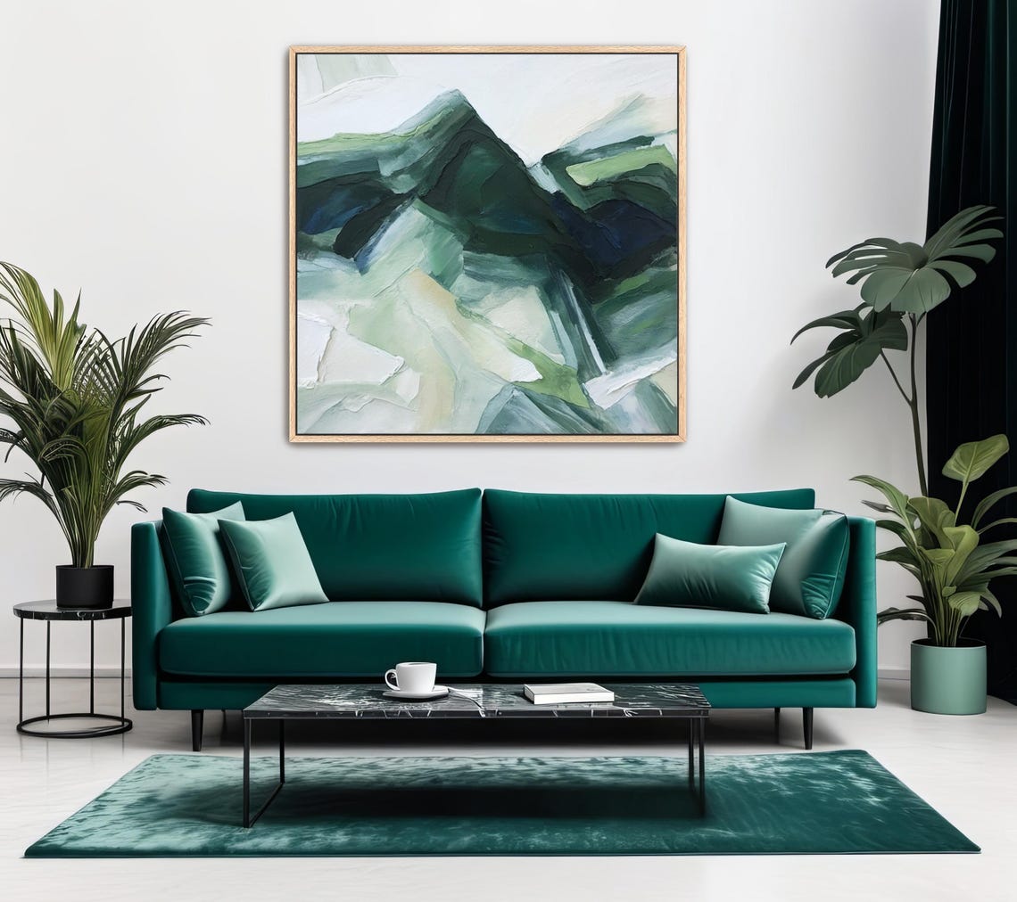 Hand Painted Abstract Acrylic Painting Large Artwork Wall Art Pastel Light Green Deep Dark White Beige Textured Framed Wall Decor - Image 2