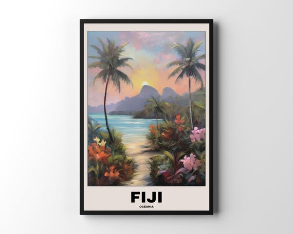 Fiji Beach Painting, Scenic Tropical Travel Poster