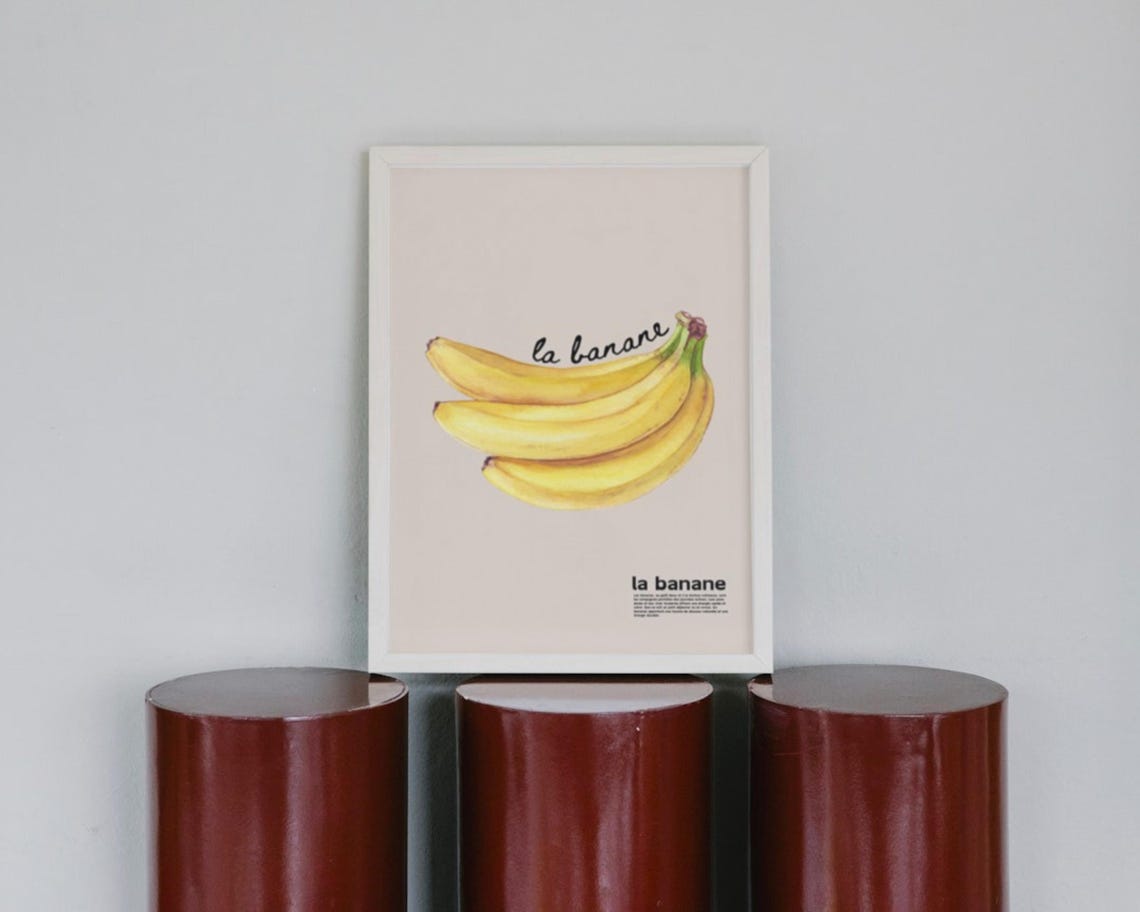 Banana Watercolour Kitchen Decor, Fruit Art Poster