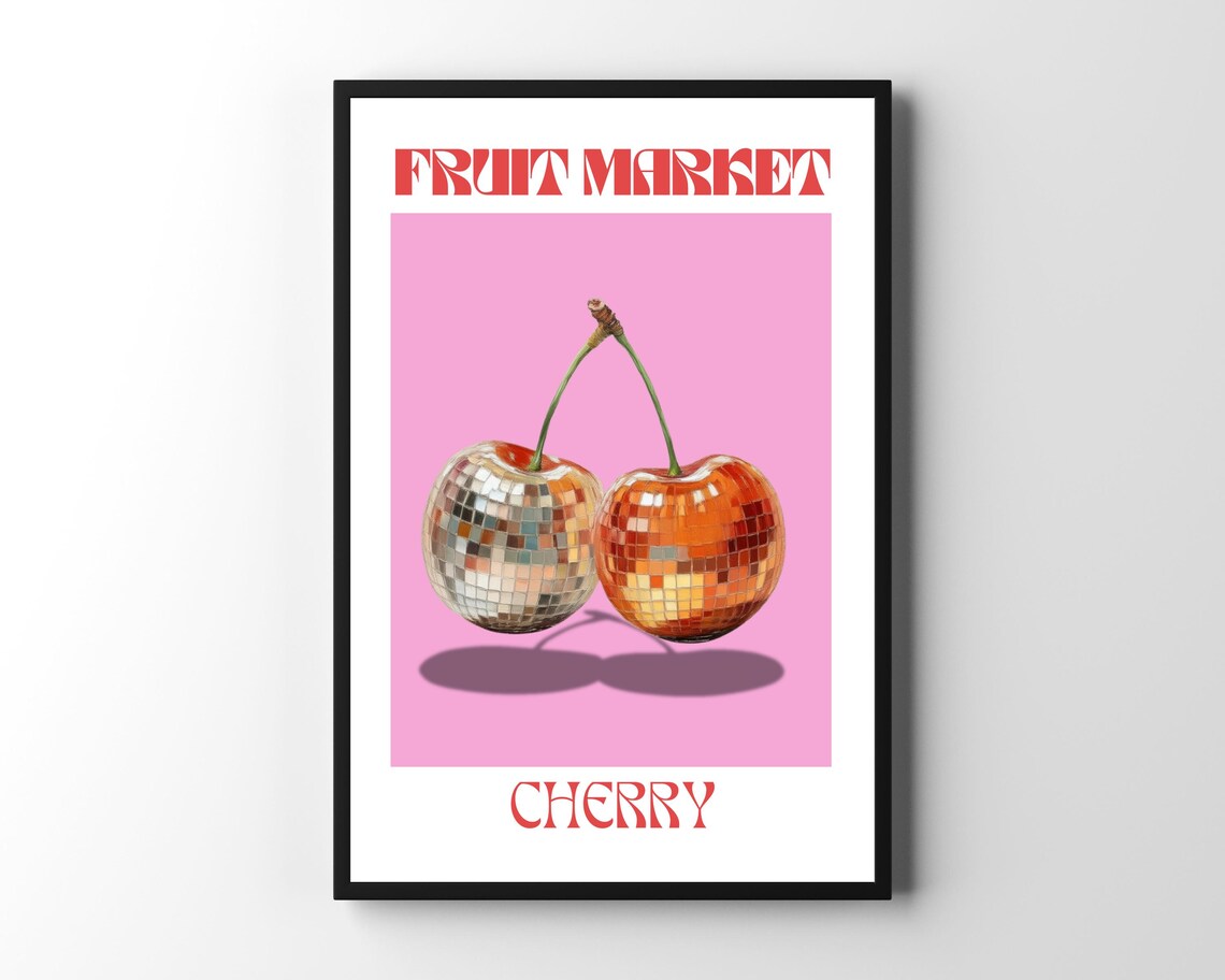 Retro Cherry Disco Ball Poster, Funky Boho Decor