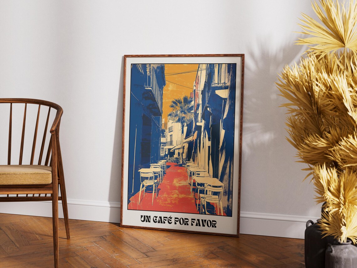 Spanish Cafe Travel Poster, Vintage Mediterranean Street