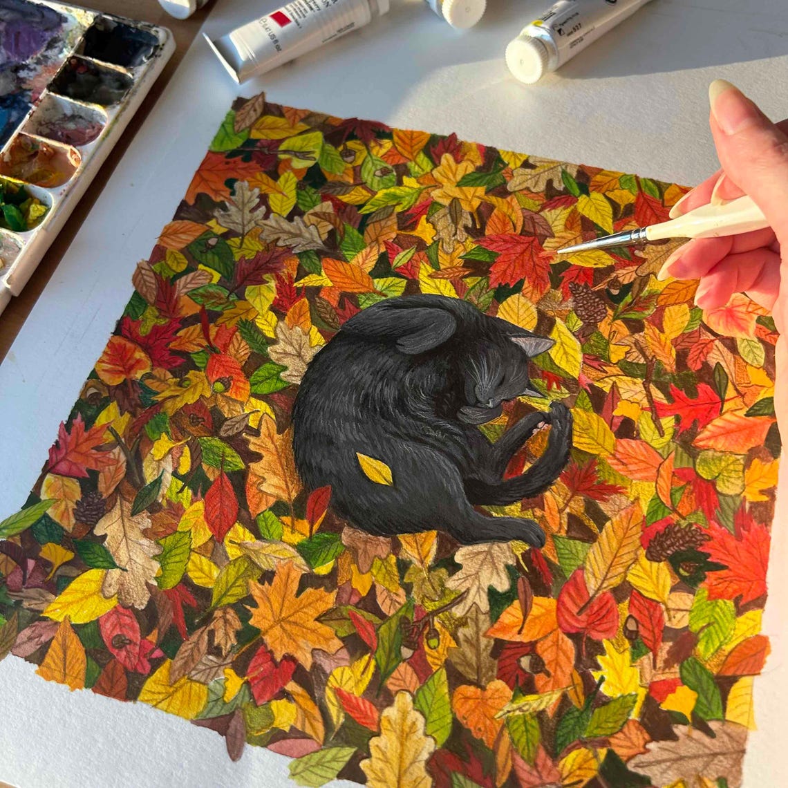 Fall Cat Nap Gouache Art Print - Image 2