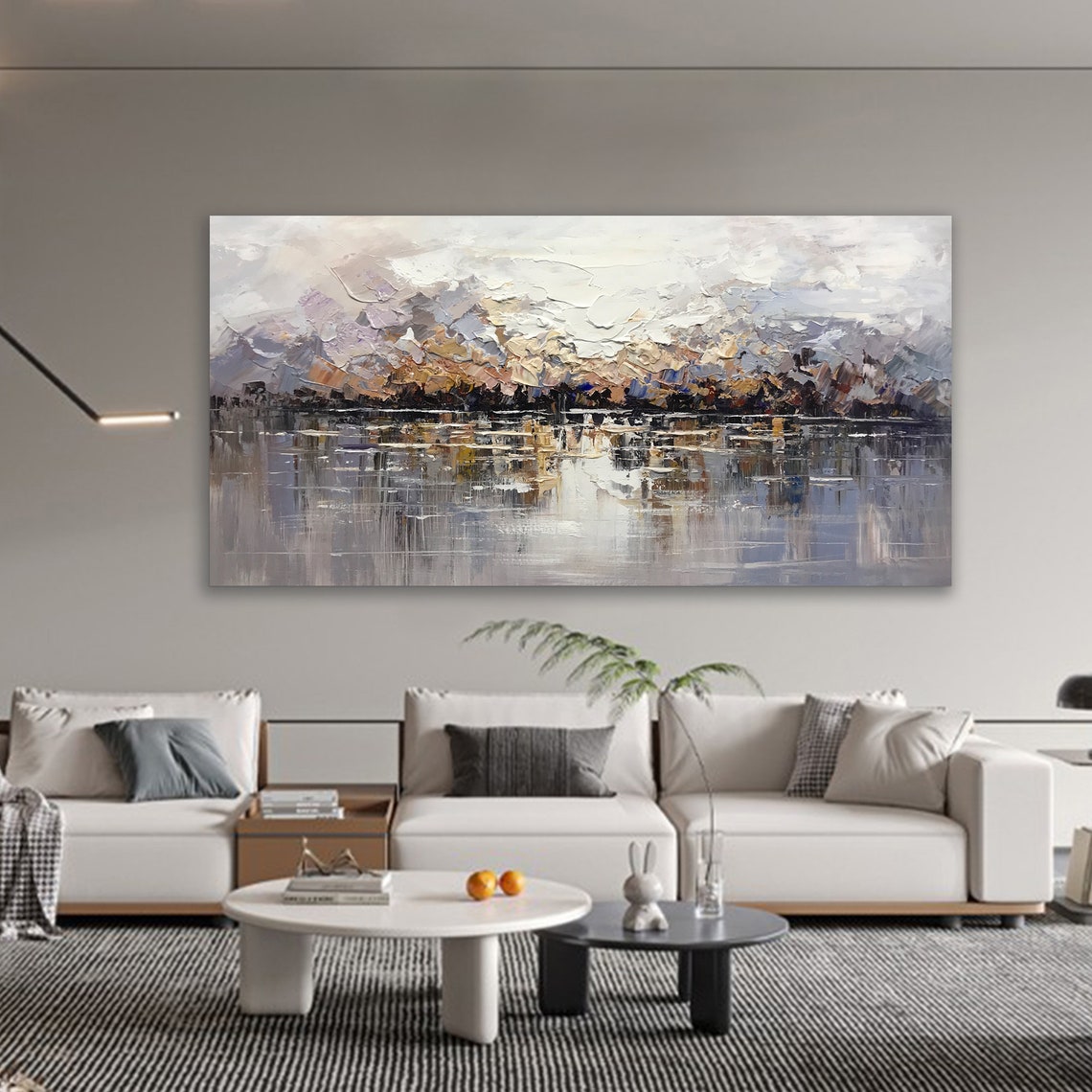 Golden Abstract Waterfront City Reflection Skyline Painting Wall Art - Image 2