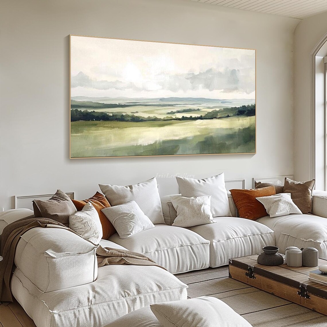 Tranquil Green Meadow Hills Soft Gray Sky Landscape Painting Wall Art - Image 3