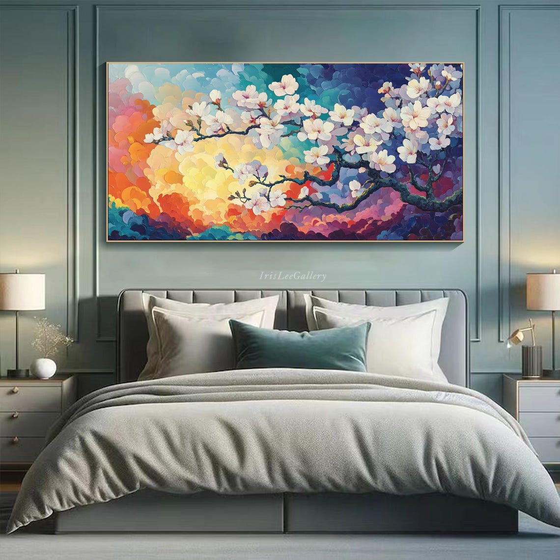 Cherry Blossom Branch Rainbow Sky Vibrant Floral Painting Wall Art - Image 4