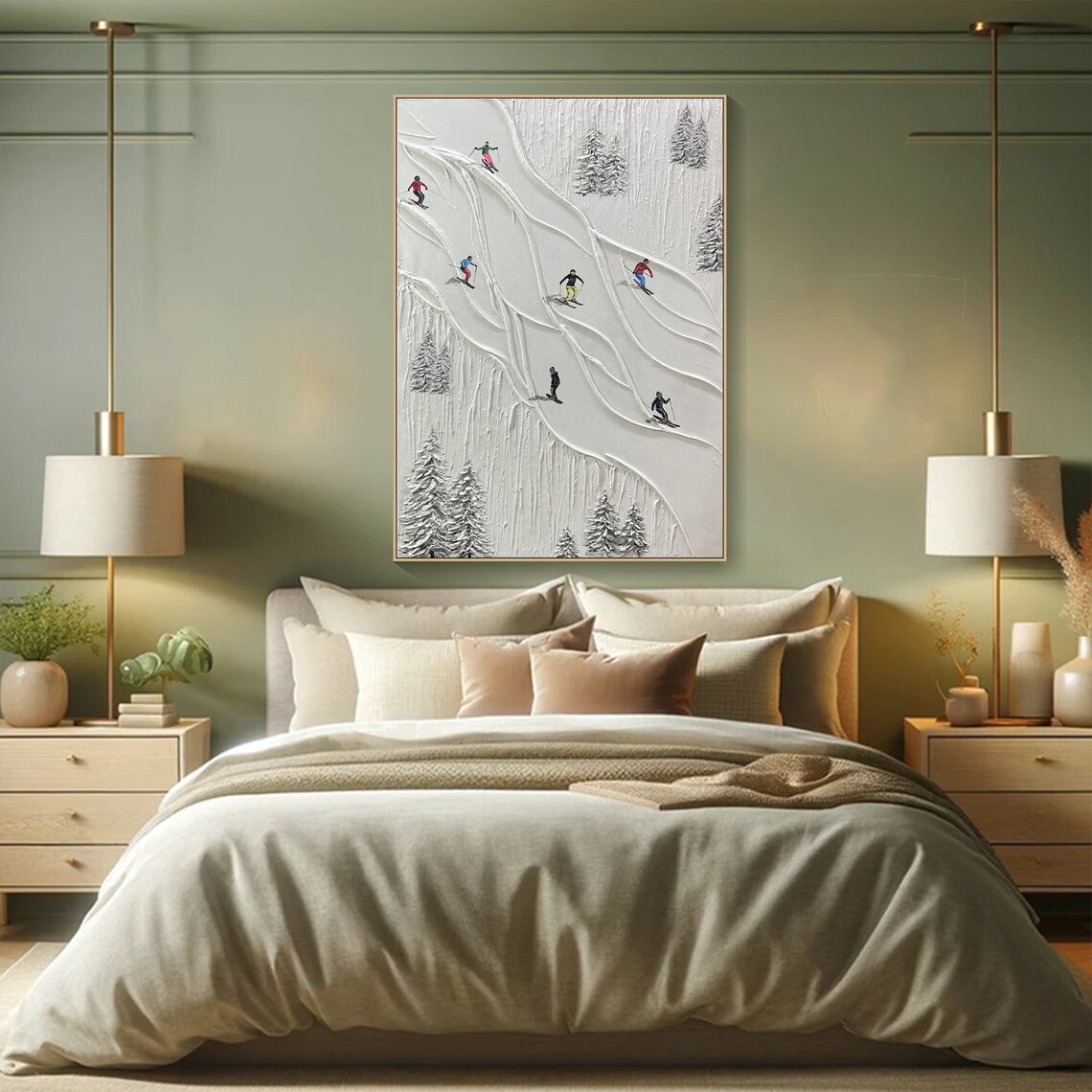 Minimalist White Plaster Skiers Descending Snow Slope Wall Art - Image 4