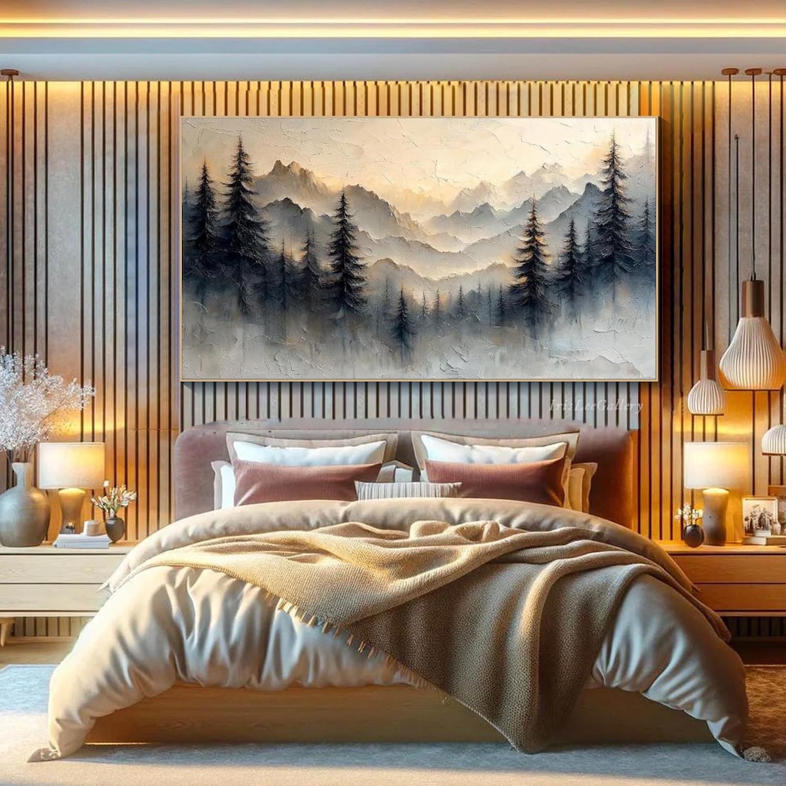 Large Forest And Misty Mountains Textured Landscape Painting Modern Nature Painting Minimalist Wall Art Wabi Sabi Wall Decor Livingroom Art - Image 3