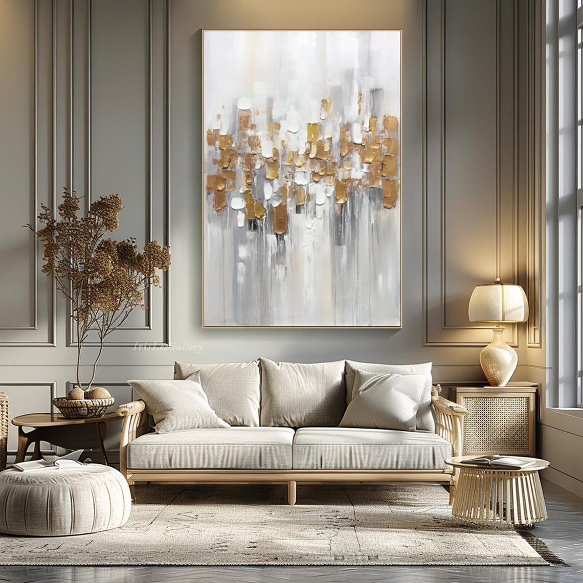 White Gold Foil Abstract Texture Minimalist Modern Painting Wall Art - Image 2