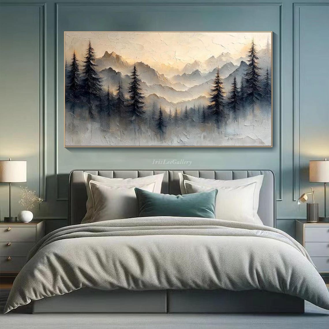 Misty Pine Forest Layered Golden Mountain Landscape Painting Wall Art - Image 4