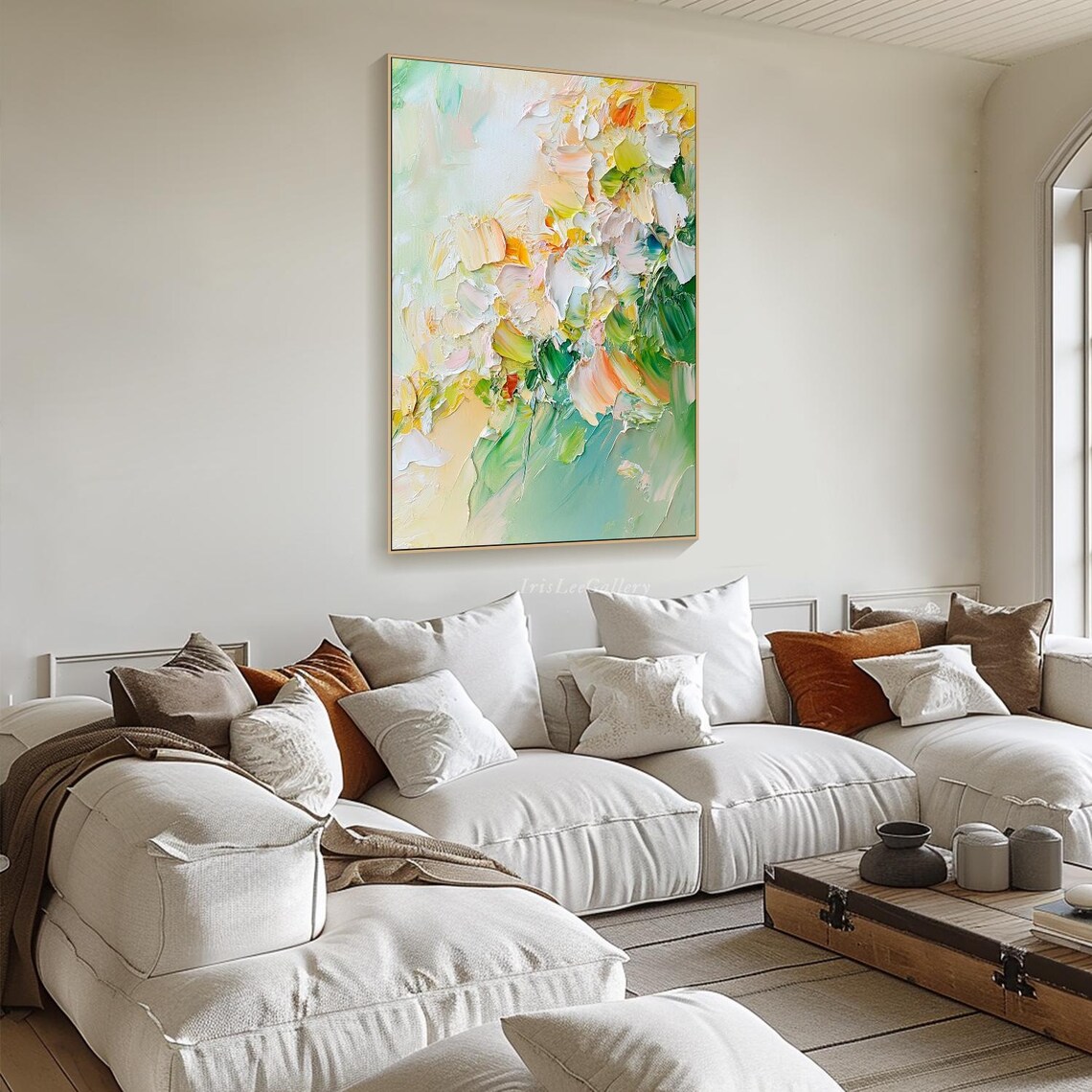 Pastel Spring Bloom Green Yellow Abstract Floral Painting Wall Art - Image 2