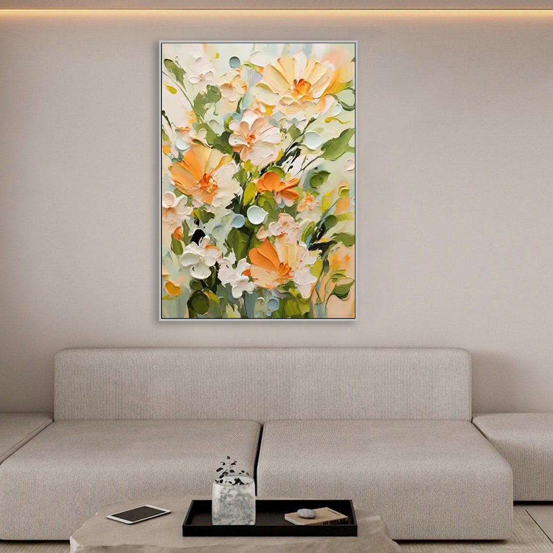 Soft Pastel Floral Blossoms Impressionist Orange White Nature Wall Art - Image 2